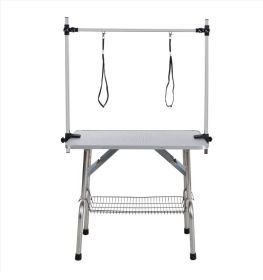 46" Folding Dog Pet Grooming Table Stainless Steel Frame Rubber Mat on Board with Adjustable Arm and Clamps pet dog Cat Grooming Table (SILVER-GRAY CO